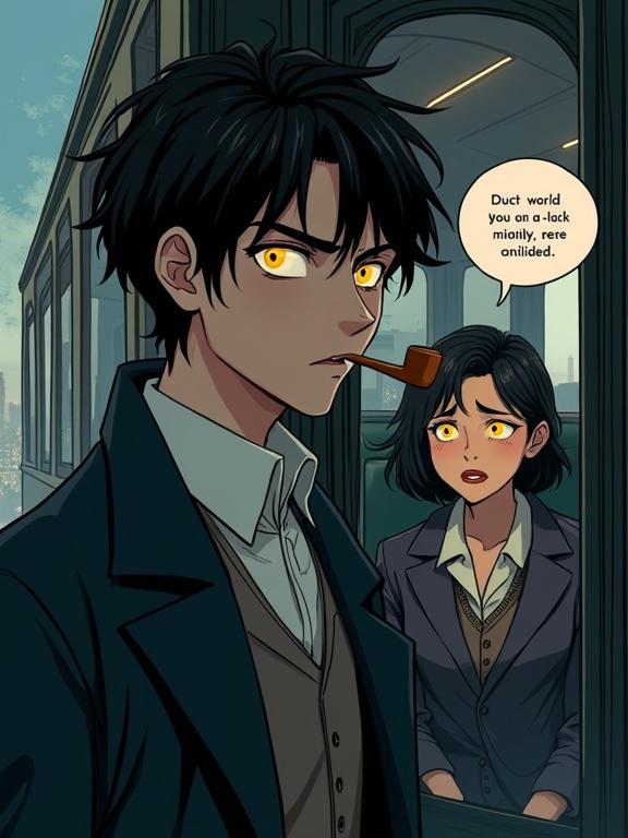 Anime-style illustration featuring Sherlock Holmes with a pipe looking thoughtful. A distressed woman sits in a carriage behind him. The city background shows a bustling train station. Mysterious atmosphere surrounds the scene with a speech bubble from the woman indicating fear about the man with yellow eyes.