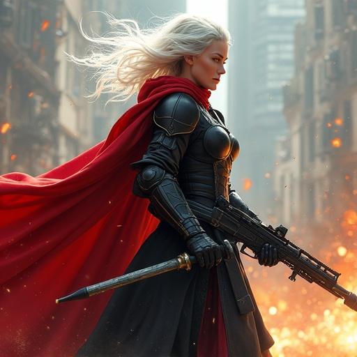 A battle sister in black energy armor in action. Short white flowing hair. Holding a heavy weapon. A long red cape flows behind her. Armor features golden details and purity scrolls. Background is a chaotic battlefield with explosions. Highly dynamic and cinematic digital painting style.