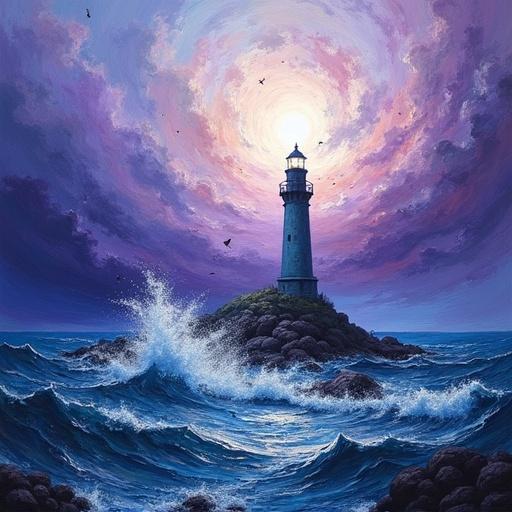 A lighthouse stands among sweeping brushstrokes of violet and deep blue. Light beams spiral outward. Sea and sky blend with chaotic textures. Abstract oil painting conveys emotional energy. Thick paint layers evoke storm-torn silence.