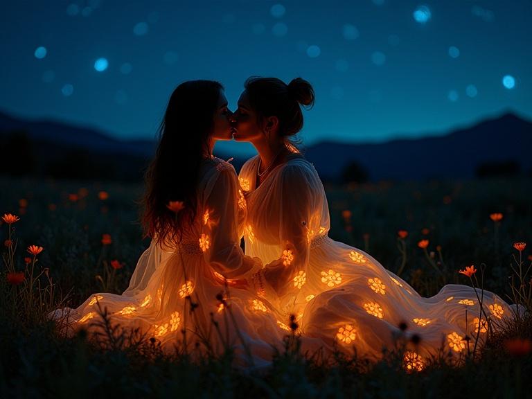 Two silhouetted figures of two women lying together kissing in a wildflower field at night. They wear transparent nightgowns that glow decorated with orange flowers. Soft light illuminates the scene under a starry sky with distant mountains.