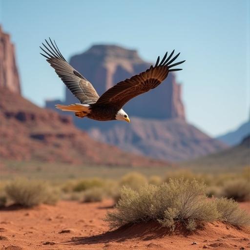 An eagle flying over the Arizona desert. The scene captures the bird in mid-flight against a backdrop of red rock formations and desert vegetation.
