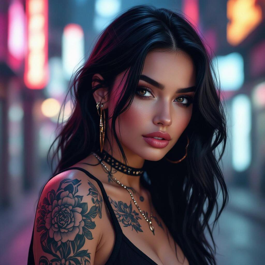 Captivating digital illustration of a woman with dark hair. She has a mysterious expression with notable tattoos and trendy fashion. Dark neon tech atmosphere.
