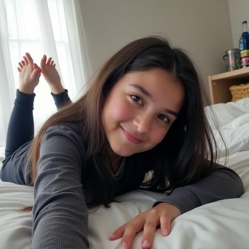Selfie taken with an iPhone in a cozy bedroom. A girl with dark hair lies on a bed, facing the camera. She has on dark leggings and a long-sleeved shirt. The room is well-lit by natural light with white walls and light curtains. Background items include a shelf with a water bottle and other objects.