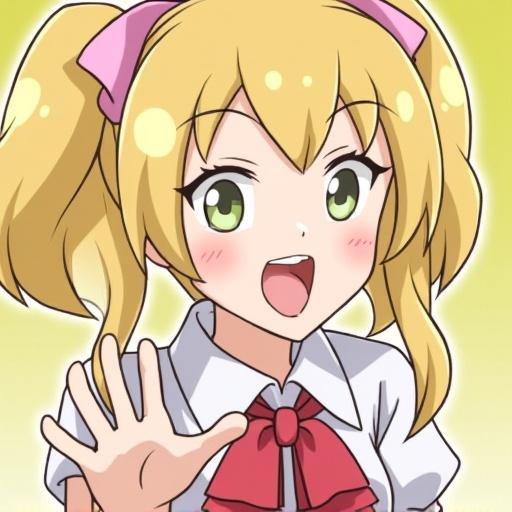 Echidna character from Re:Zero has blonde pigtails and green eyes. She is smiling and waving. Background is a bright yellow. Her outfit is a white shirt with a red bow.