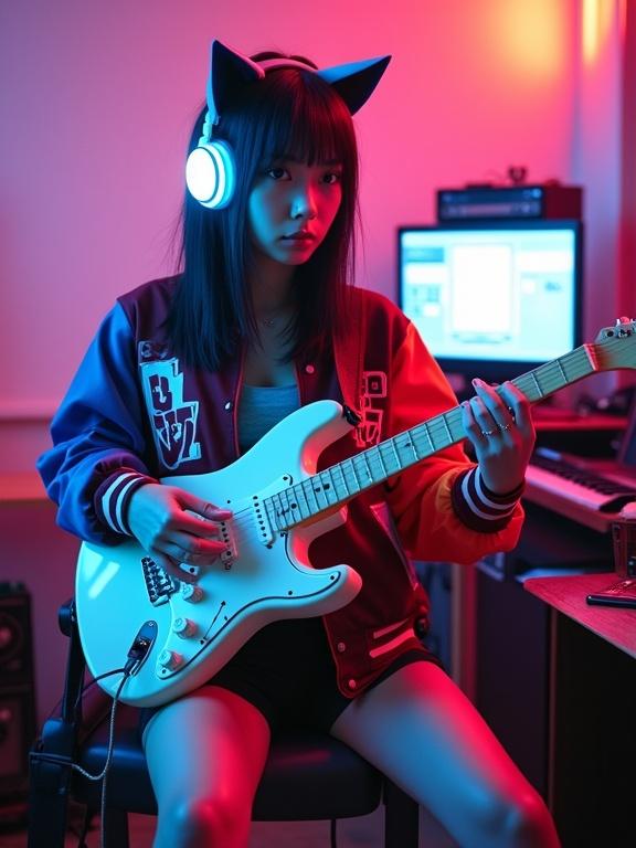 Hyper-real photo of a Japanese girl with a cyberpunk theme. She wears a colorful varsity jacket and plays a white Fender Telecaster guitar. The setting is vibrant with neon lights and interesting music gear. She has glowing cat ear headphones. Her pose is enthusiastic with a relaxed body position. The background suggests a futuristic vibe. Her face shows beauty with detailed skin texture. The overall atmosphere is colorful and fun.