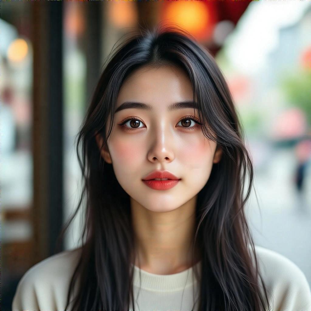 Casual smartphone photo of a 26-year-old woman with long black hair. She has minimal makeup and unique facial features. Taken outdoors during the day near a restaurant with soft natural lighting. Background slightly blurred focusing on the subject's unposed expression.