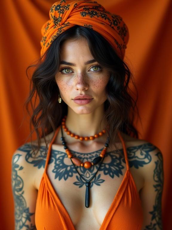 Young woman with dark wavy hair and freckles. Wearing an orange headscarf styled in a loose turban. Light makeup with defined eyelashes and subtle blush. Striking green eyes looking directly at the camera. Intricate black tattoos covering both shoulders and upper chest featuring floral designs. Layered necklace with orange beads and a single black pendant. Fitted orange dress revealing part of the torso. Warm lighting casting soft shadows. Vibrant orange backdrop adding depth. Shallow depth of field blurring the background slightly. Rich amber tones with contrast between warm skin hues and cool tattoo ink. Natural skin texture enhancing realism. Bohemian aesthetic blending vintage and modern elements.