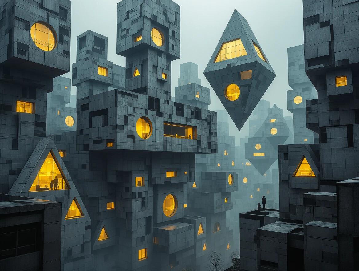 Dystopian cityscape features retro futuristic architecture. Buildings exhibit brutalist design with geometrical forms. Textures include grey cardboard and thermocol. Nighttime scene highlighted by glowing windows. Surreal vibes from floating shapes and dark silhouettes.