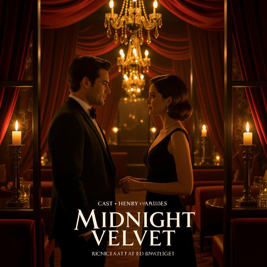Two characters engaged in a romantic tension stand close in a luxurious private lounge. Velvet drapes surround them under warm candlelight. Their eyes connect in a slow-burning gaze. The atmosphere is rich and seductive with a hint of mystery.