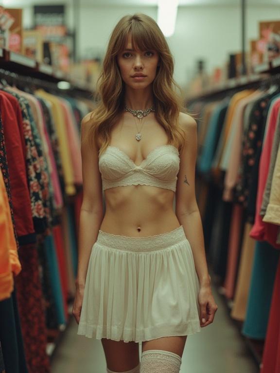 Model poses in a retro clothing store. She wears a white lace bra and a micro-pleated skirt. Thigh-high white socks complete her outfit. The store is filled with colorful clothing racks. Image has a low-resolution look.