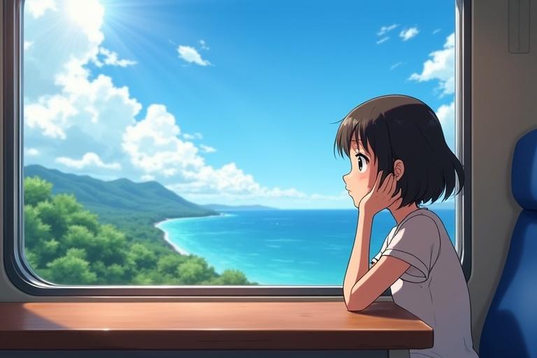 Cartoon girl sitting on the left side of a train seat by the window. She is resting her chin on a hand while gazing outside at a bright and beautiful landscape. The scenery includes sunlight, clouds, greenery, and the sea. The focus is on the scenery outside the train window. The image style is inspired by the animated film 'Your Name'.