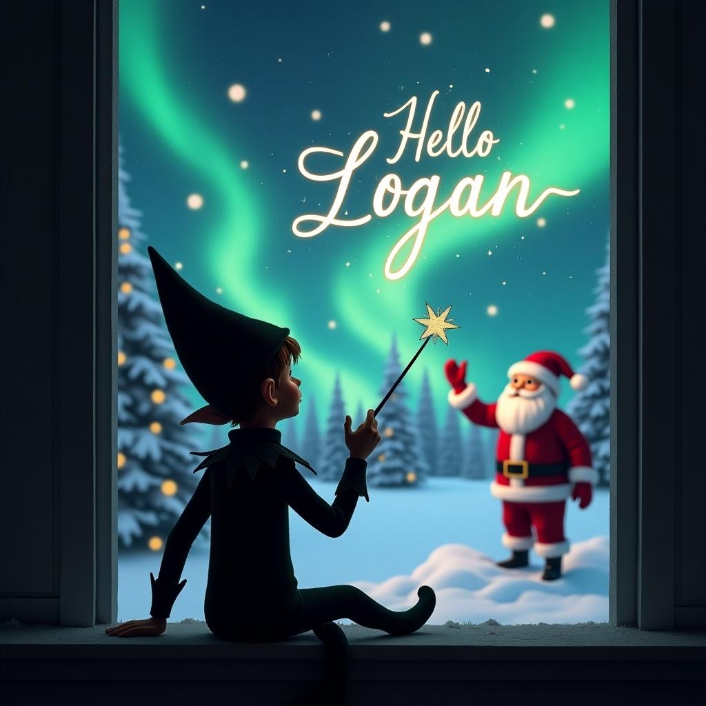 Black elf facing the sky using a wand to write. Magical Christmas scene with northern lights and Santa. Name Hello Logan written elegantly in the sky. Elf in a playful pose.