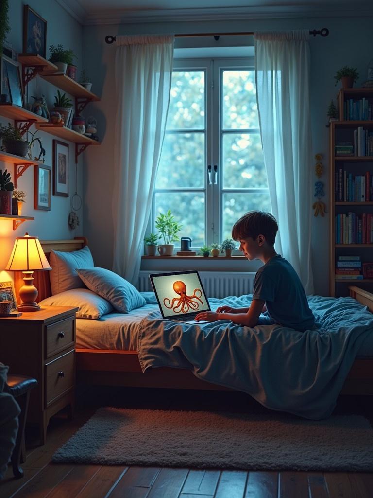 The image depicts a boys room showing a cozy atmosphere. A boy is sitting on his bed facing a laptop. The laptop screen shows a colorful octopus illustration. The room is softly lit by a lamp and sunlight comes through the window. Shelves with plants and books are visible in the background. The bedding is unmade creating a relaxed vibe.