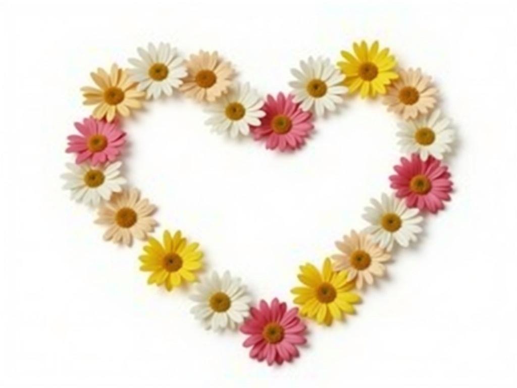 Create a heart shape using daisy flowers. The daisies should be colorful, displaying shades of white, yellow, and pink. Arrange them in a way that clearly outlines the heart shape. Include variations in the size of the flowers to add depth. The background should be plain white to emphasize the beauty of the floral arrangement.