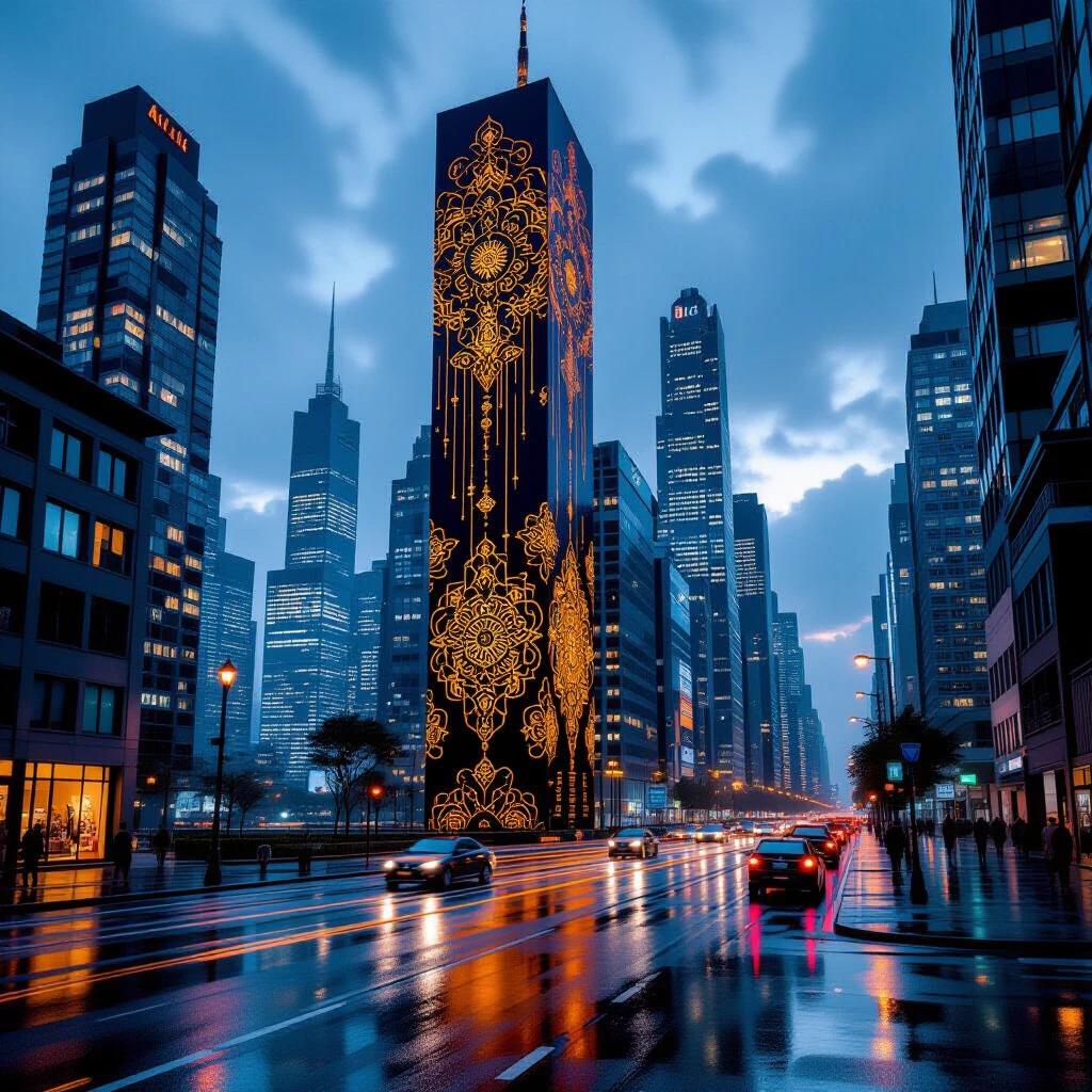 Surreal urban cityscape at dusk. Skyscrapers with intricate Batik motifs. Long black ink drips from rooftops to street below. Glowing windows reflecting on wet asphalt. Cultural patterns blend with expressive abstraction. Cinematic lighting fills the scene.