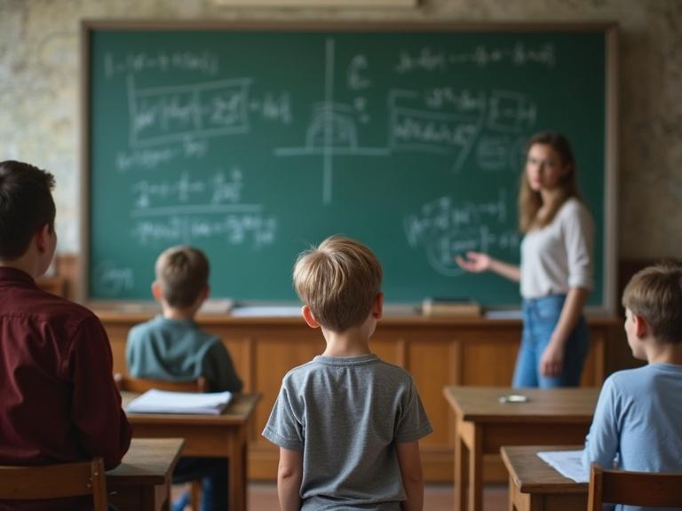 A classroom scene with a small boy solving equations on a chalkboard. Teacher appears confused while older students watch. Notable age contrast in expressions and roles.