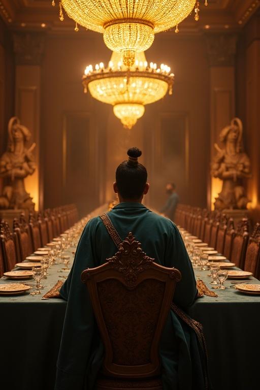 Ancient Indian emperor seated at a lavish dining table. Dark teal royal attire is worn. Grand sparkling chandelier overhead. Surrounded by intricate wooden sculptures. Warm yellow light fills the room. 9:16 horizontal aspect ratio.