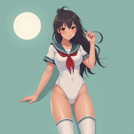 Anime character wearing sailor collar and high-leg swimsuit. Character has thigh-high stockings, smiles cheerfully. A simple light blue background with a sun.