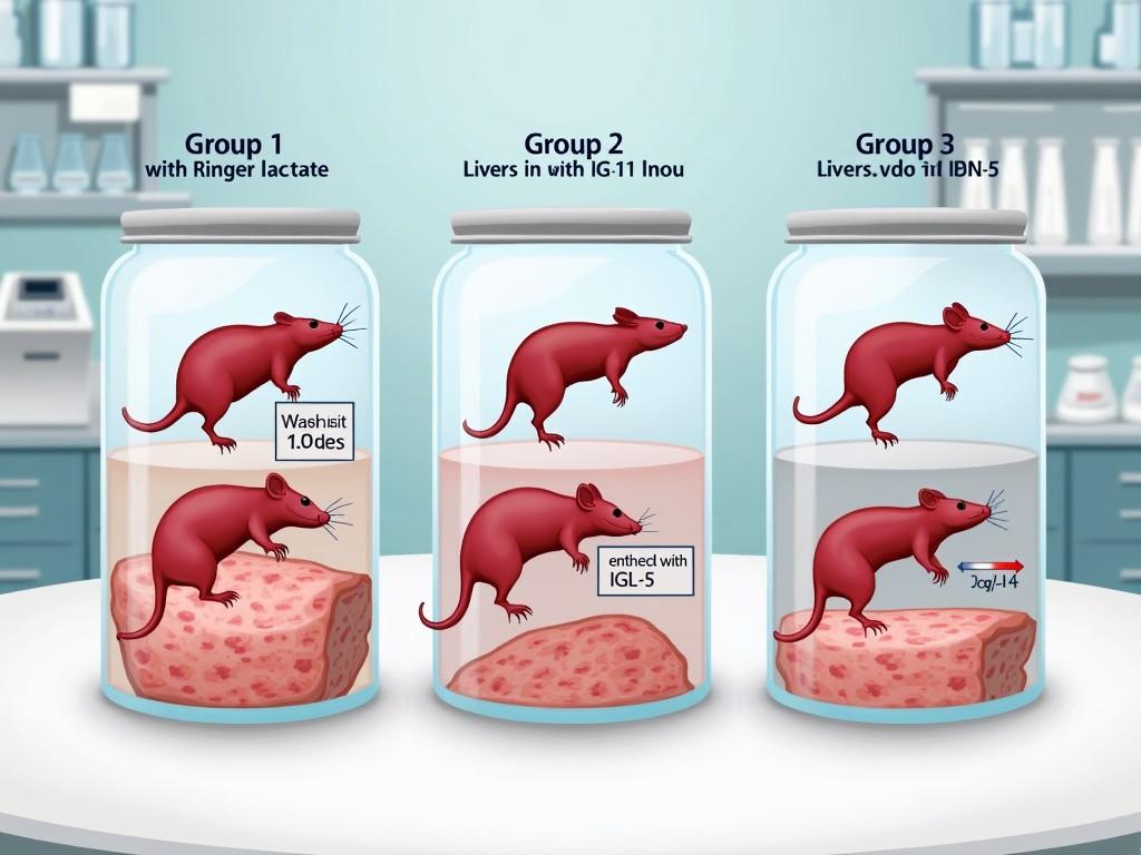 This image illustrates an experiment involving three groups of rats to study liver preservation techniques. Group 1 is subjected to Ringer lactate washing and immediate ex vivo perfusion. Group 2 uses the IGL-1 solution for cold storage for 24 hours followed by perfusion. Group 3 incorporates DHN-5 into the IGL-1 solution before the same cold storage and perfusion steps. Each group consists of eight rats, clearly labeled. The experiment is set in a laboratory environment with a focus on scientific accuracy and educational value. The jars provide a clear view of the rats and their respective treatments.