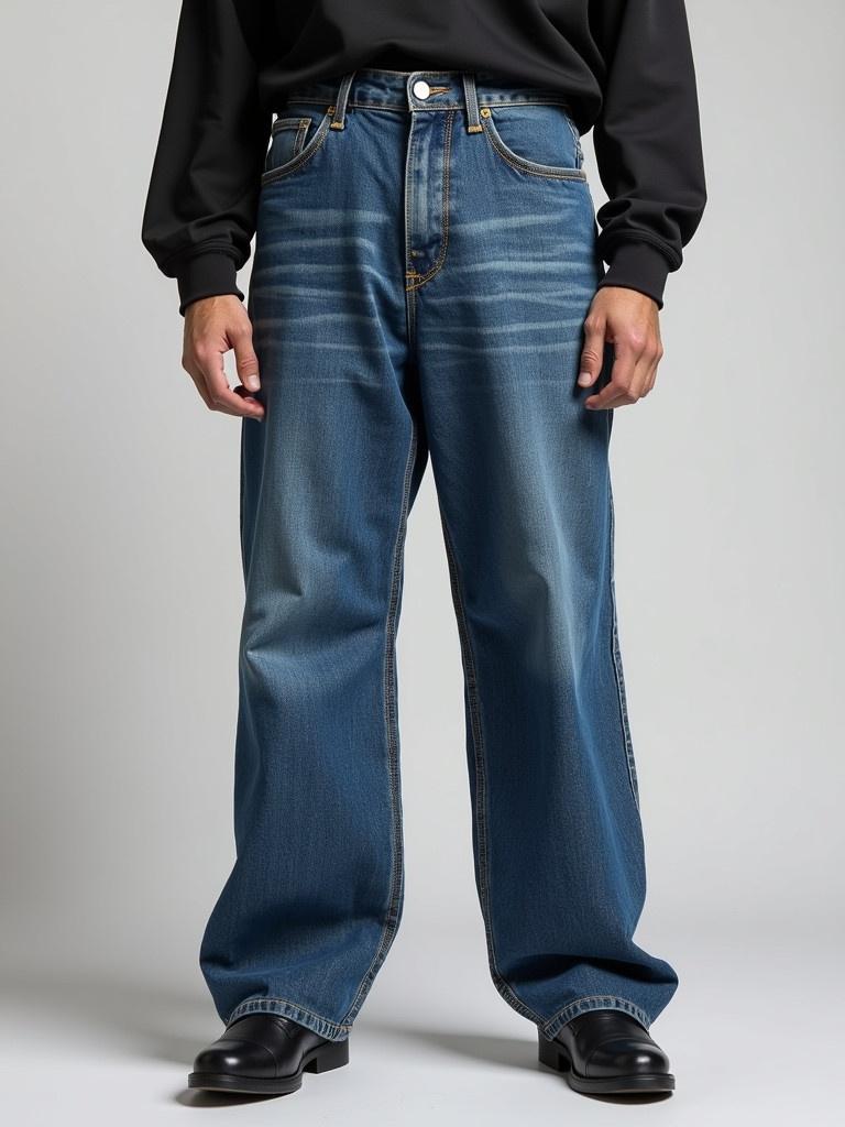 Make a man wear Y2K jnco jeans. Pants are loose fit and baggy. Thigh measurement is 18 inches. Model stands with hands by the side.