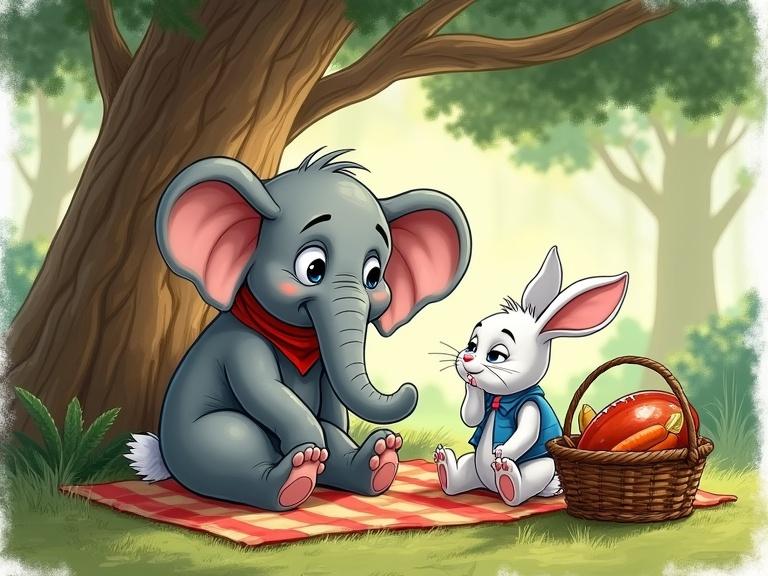 Cartoon art of a jungle picnic under a banyan tree. Peter the Rabbit is sitting with his cheek held. Jumbo the Elephant looks worried. A picnic basket is near with partially eaten fruits.