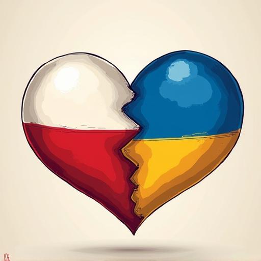 Digital illustration poster symbolizing Poland and Ukrainian friendship with two hearts colored in state flags in a dynamic view suggesting movement