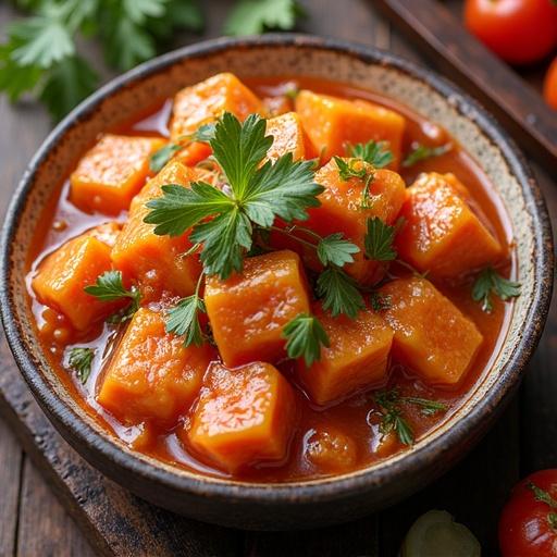 A close-up photo of a delicious pumpkin dish garnished with fresh parsley in a rustic bowl. The dish appears to be cooked in a savory sauce, showcasing vibrant orange colors. Natural light illuminates the scene, providing a warm feel. The setting includes wooden textures that enhance the food's appeal.