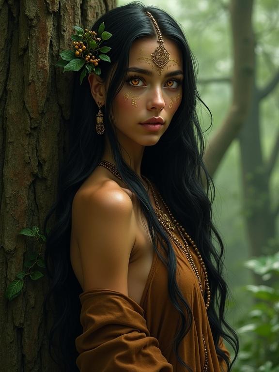 A woman with long dark hair and vibrant orange eyes. Golden tribal patterns on her face. She wears a flowing brown robe and intricate bead necklaces. Hair strands are decorated with green leaves and seed pods. She stands against a tree in a misty forest. A medium shot captures her upper body and face with strong contrast and atmospheric qualities.