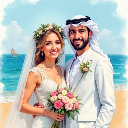 An Arabic wedding card designed with ornate Arabic decorations. Feature a joyful bride and groom in the center. The painting is made in watercolor style with an illustrated look. Colorful and bright, set against a seashore backdrop. Faces are not clearly defined to maintain an artistic illusion.