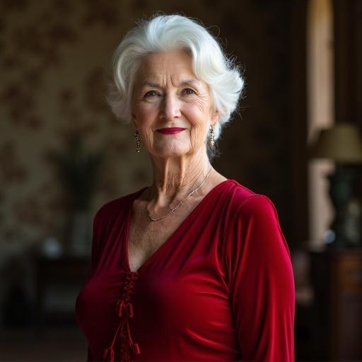 Portrait of an older woman with white hair wearing a red velvet dress. She has a gentle smile and is posed elegantly in a softly lit interior.