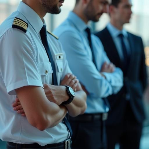 Close-up photo of three people standing in a line. Foreground shows pilot in uniform from shoulders down. Behind him, a businessman in formal suit. At the back, a security guard in light blue shirt. Framing tight on shoulders and arms. Soft professional lighting highlights clothing textures.