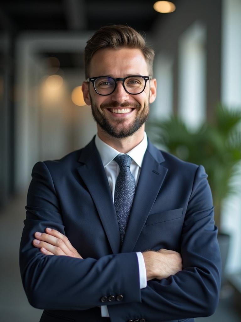 Image of a confident young gentleman in a business suit standing in an office. No tie. He is well-groomed. Soft lighting reveals his features. Subtle blurred background enhances subject. Suitable for business-related contexts.