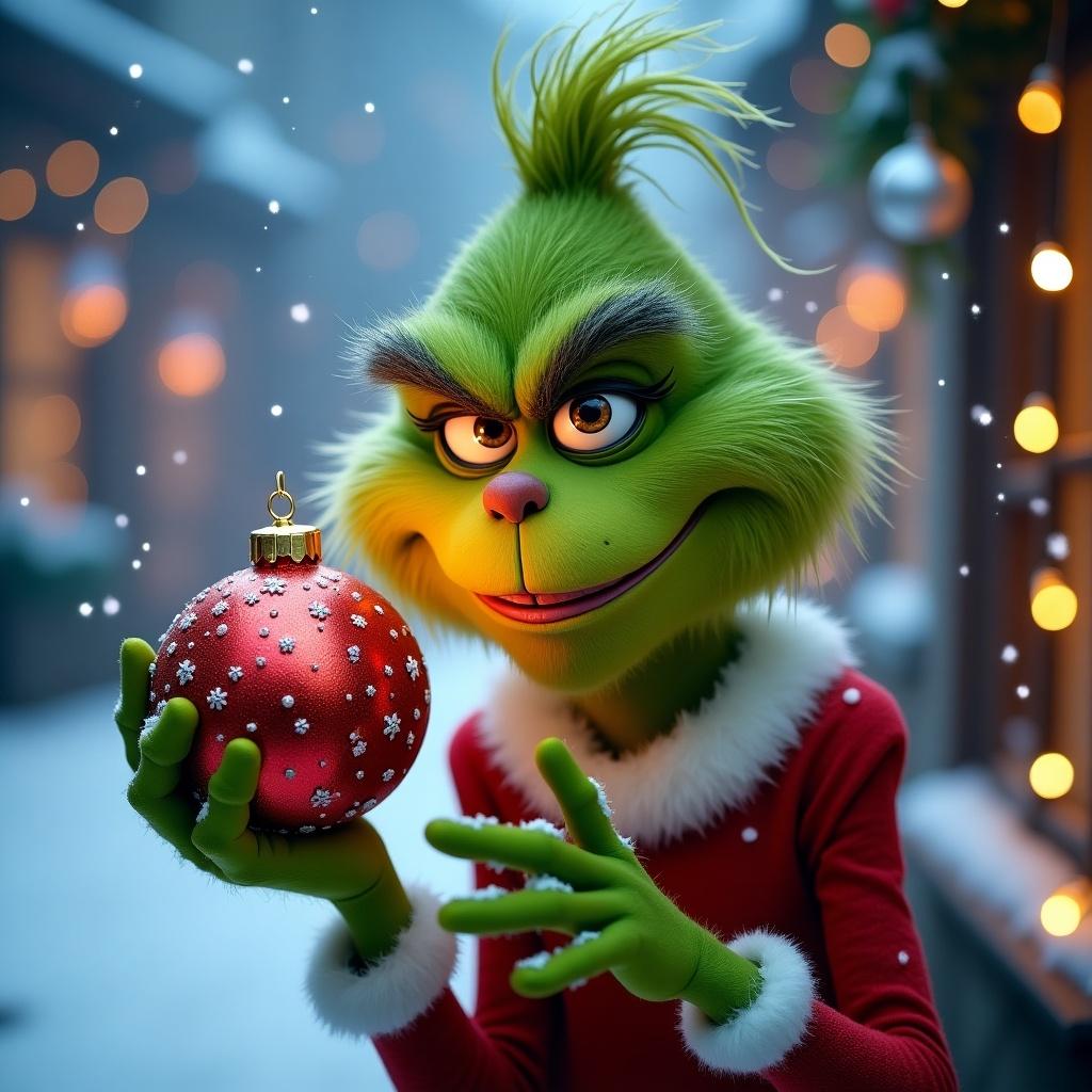 Grinch character holding a bright red bauble. Snow falling gently in the background. Christmas lights illuminating surroundings. A whimsical atmosphere.