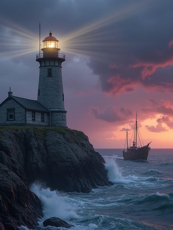 Photograph of a weathered lighthouse on a craggy island at dusk. Grey stone structure with a glowing lantern. Churning dark grey waves below with a wooden fishing boat in the distance. Dramatic sky with purples and oranges. Ethereal glow highlighting the coastline