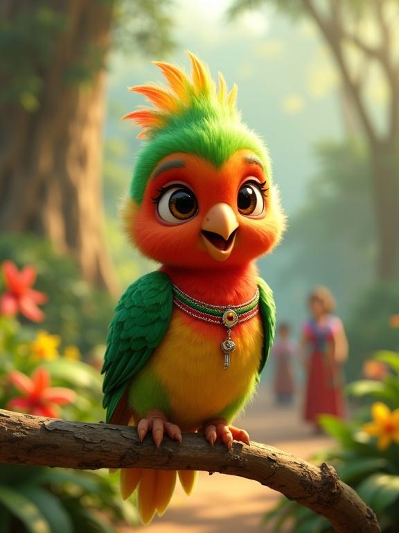 A super cute baby female quetzal bird with big shiny eyes and soft green feathers. The quetzal has a bright red chest and a joyful expression with blushing cheeks and small delicate wings. The bird wears a traditional colorful Guatemalan dress with a simple sash tied around her. Perched on a low tree branch, tilting her head and smiling. Background features a lush tropical forest with colorful flowers and people in traditional clothing, sunlight filtering through trees. The scene is cheerful, festive, and heartwarming with Pixar-style charm and soft lighting.