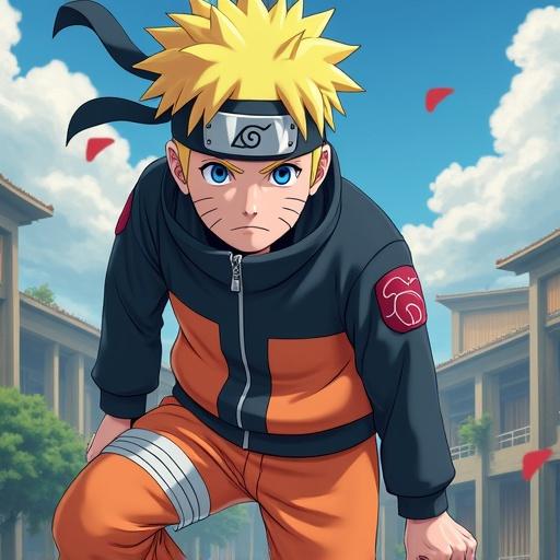 A character from anime Naruto wearing orange and black ninja outfit with headband. Dynamic action pose in a vibrant environment with a blue sky.