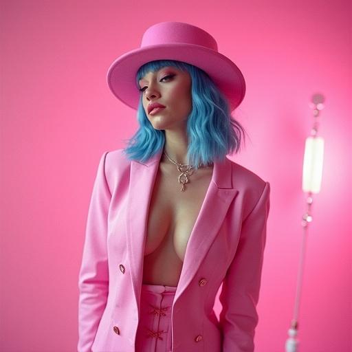 A glamorous portrait photo. Model wears a pink outfit with a matching pink hat. She has blue hair. Background is pink. Soft lighting enhances features. Captured on 35mm film in chiaroscuro style.