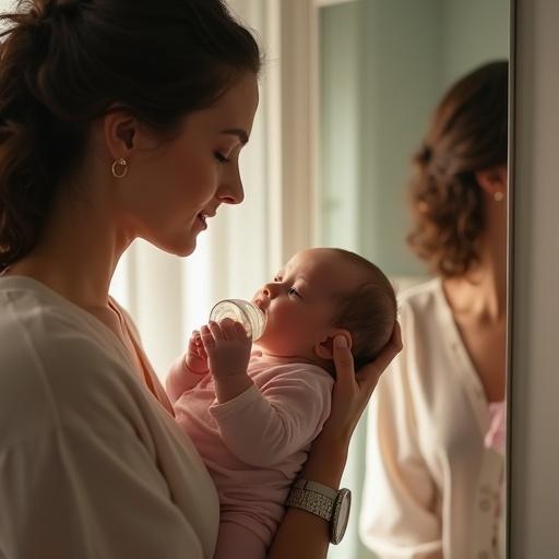 Highly detailed shot of a young European mother bottle-feeding her newborn in a bright softly lit room. Reflection of both in a mirror. Mother wears a delicate wristwatch. Perfect hands and eyes. Cinematic lighting creates a masterpiece.