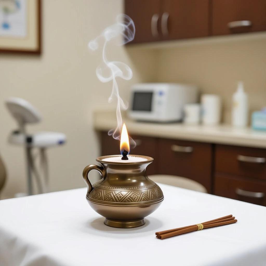 A decorative Arabic incense burner is placed on a clean white tablecloth. The incense is burning and producing smoke. The background shows a dental clinic with a blurred view, emphasizing the brown and white colors.