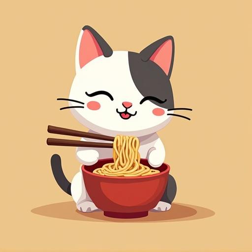 A cartoon-style cat sits happily eating ramen. One paw holds chopsticks. The other paw grips a bowl of noodles. The background is a single solid color. The cat has a cute expression with a playful posture.