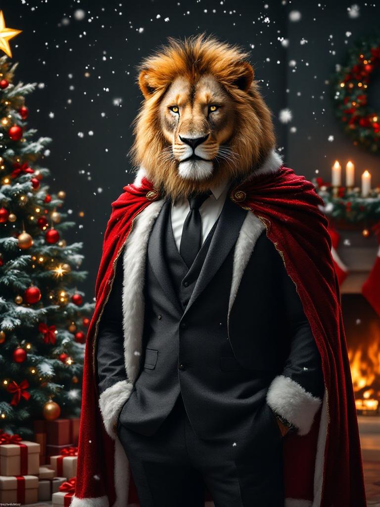 Ultra-realistic image of a lion-headed figure with a human male body. Dressed in a charcoal suit and red Santa cloak. Background features Christmas decorations and snowfall. Warm lighting from candles and fairy lights.