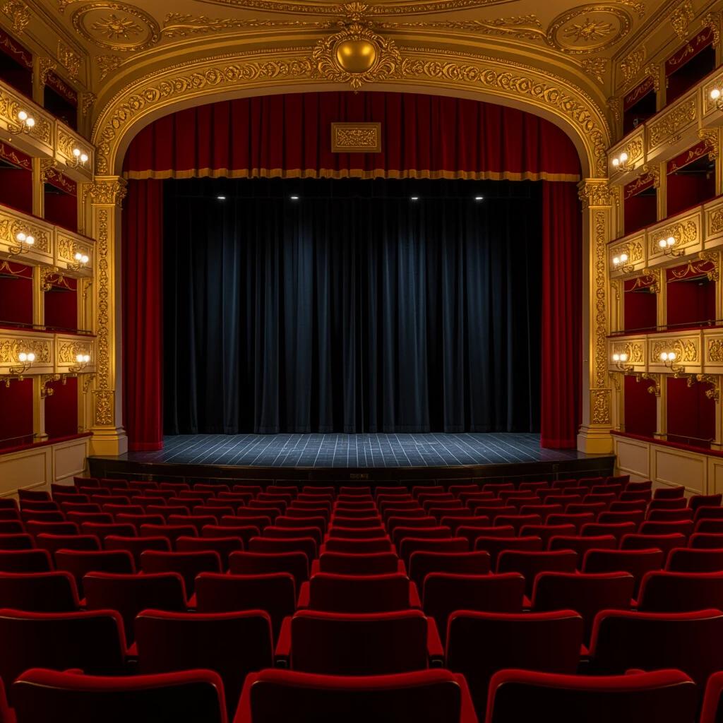 Interior shot of a theater setting. Rows of red velvet seats face an empty stage. The stage is adorned with a black curtain, framed by ornate golden decorations. Soft lighting enhances the opulent atmosphere.