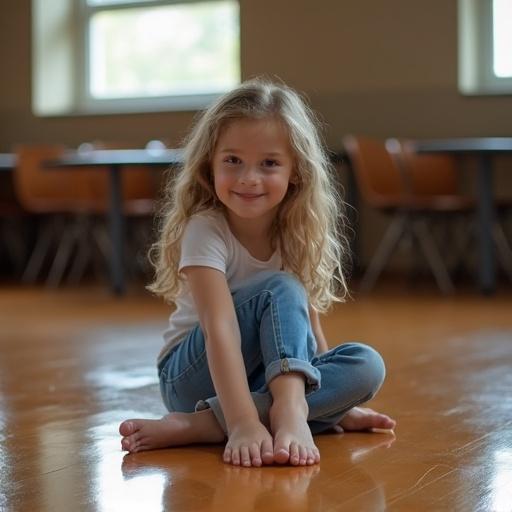 A smiling girl sits on a wooden floor. She wears jeans. The floor is reflective. She plays with her feet. The setting is casual and bright.