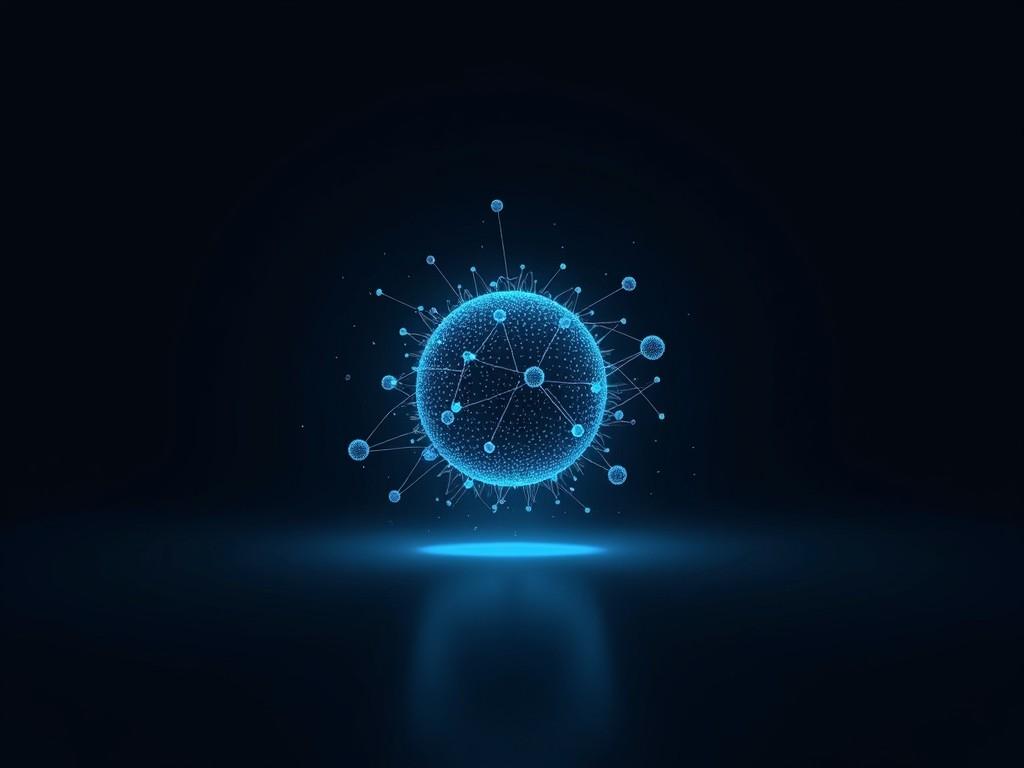 The image features a glowing blue sphere surrounded by a network of smaller particles. This digital artwork represents concepts of technology and science. The sphere glows softly against a dark background, enhancing its prominence. Its design suggests connectivity and innovation. The visual elements create an abstract feel, making it suitable for various digital projects.