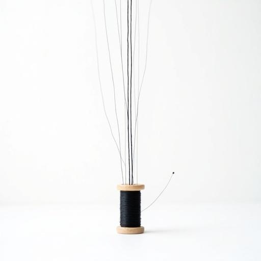 Artistic image featuring single black spool of thread at bottom. Multiple black threads rise vertically in various directions. Clean white backdrop creates a minimal vibe. Ideal for social media story use, vertical format 1080x1920.
