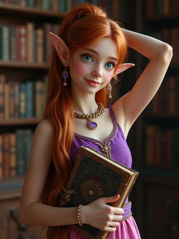 photo realistic 8k depth of field medieval aesthetic beautiful young elf girl skinny body playful expression long auburn ponytail pale skin freckles vibrant blue eyes wearing a sleeveless purple and pink dress adorned with gold and amethyst jewelry posing in an ornate looking library with a large decorated leather book under one arm and her other arm behind her head