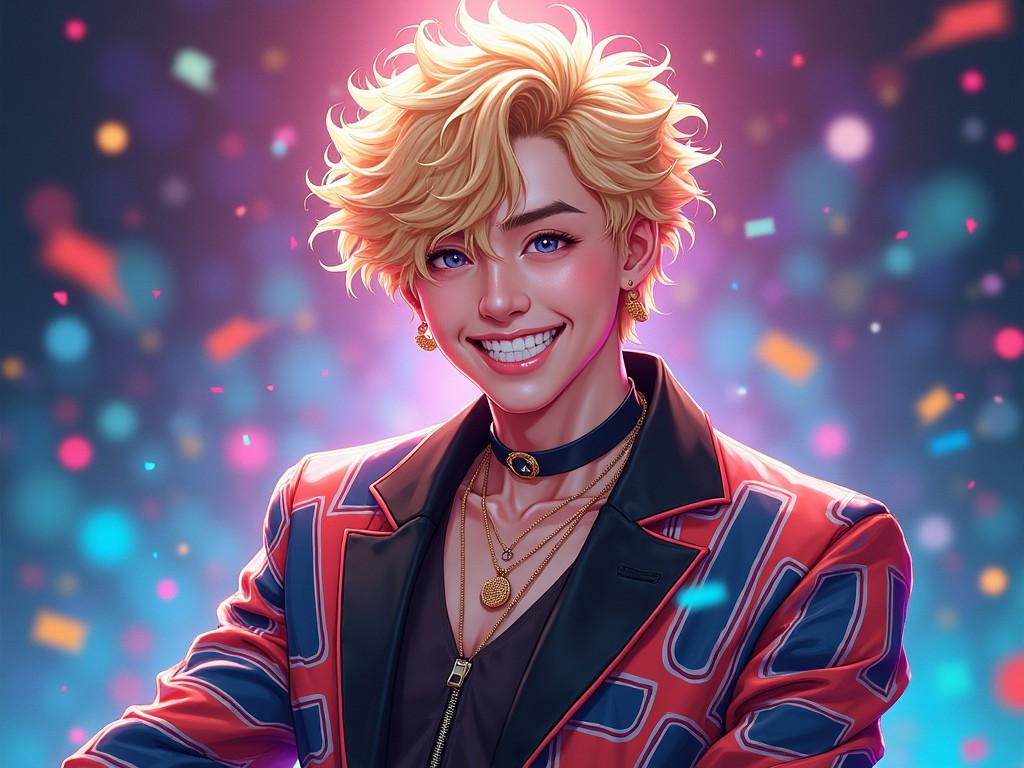 This image features a charismatic character with voluminous blonde hair and a dazzling smile. The character is dressed in a stylish jacket with a unique pattern, accessorized with layered necklaces and earrings. The background is filled with colorful confetti and soft bokeh lights, creating a festive atmosphere. The lighting emphasizes the subject's joyful expression, making the portrait vibrant and eye-catching. This artwork captures the essence of a pop idol's energy and style, appealing to fans and art enthusiasts alike.