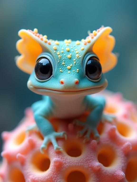 Detailed description of a fantastical amphibian-like creature with a whimsical design. The creature has large expressive eyes and ear-like fronds atop its head, sitting on a colorful coral structure. The image uses a vibrant color palette with turquoise and pink tones, creating a cool underwater ambiance.