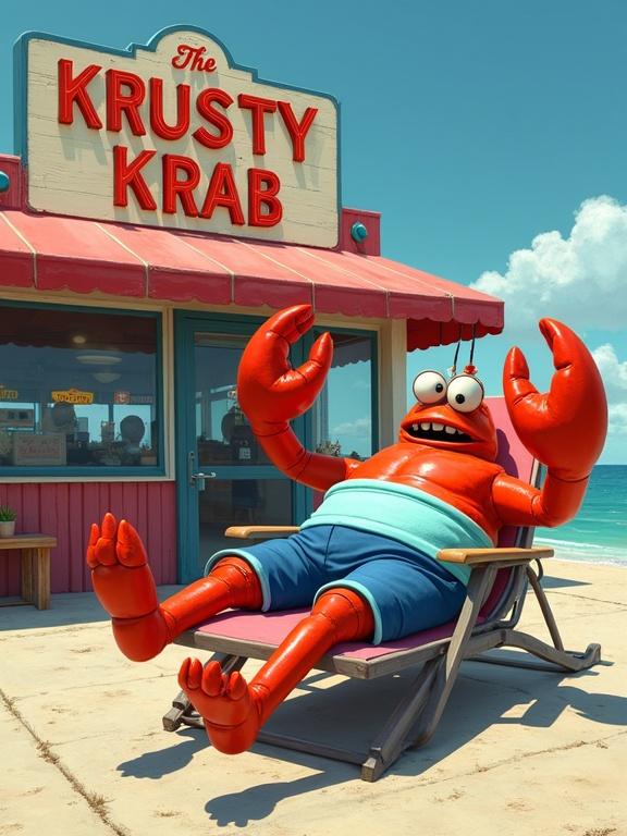 Digital art depicting a hyper realistic crab character lounging in beach chair in front of restaurant The Krusty Krab in Bikini Bottom. Crab has navy blue shorts and light blue shirt. Banner reads specialty crispy Krabby Patties.