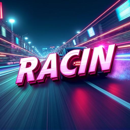 Artwork showcases the word 'RACIN' in a modern and stylish font. High-speed cars are depicted in a vibrant neon cityscape. Motion blur effects highlight the feeling of speed. Background includes glowing streetlights and a racing track.